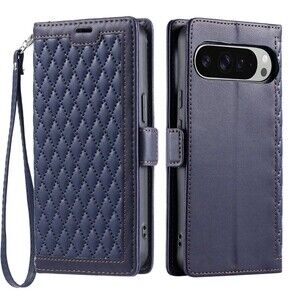 For Google Pixel 7A Wallet Case Blue Leather Flip Cover Card Holder Wrist Strap